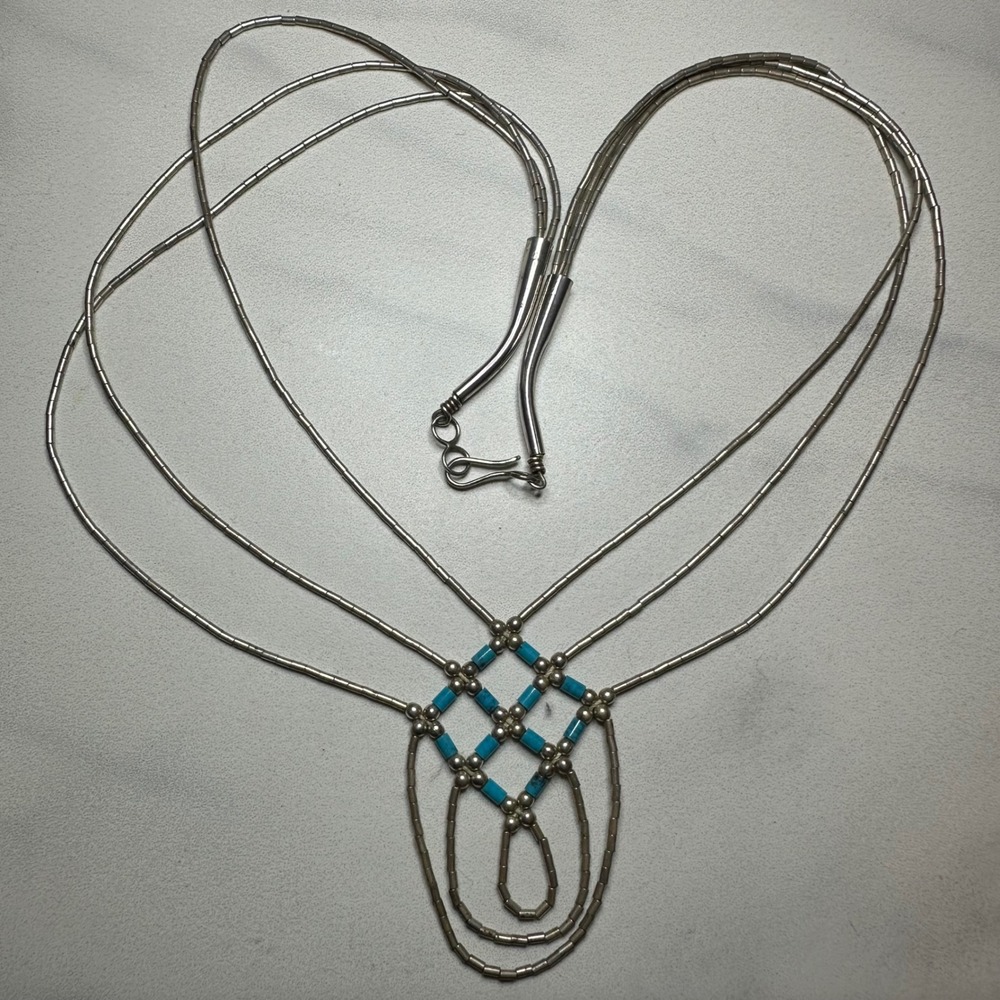 Sterling‎ Silver Turquoise Bead Necklace Liquid Silver Style Native American